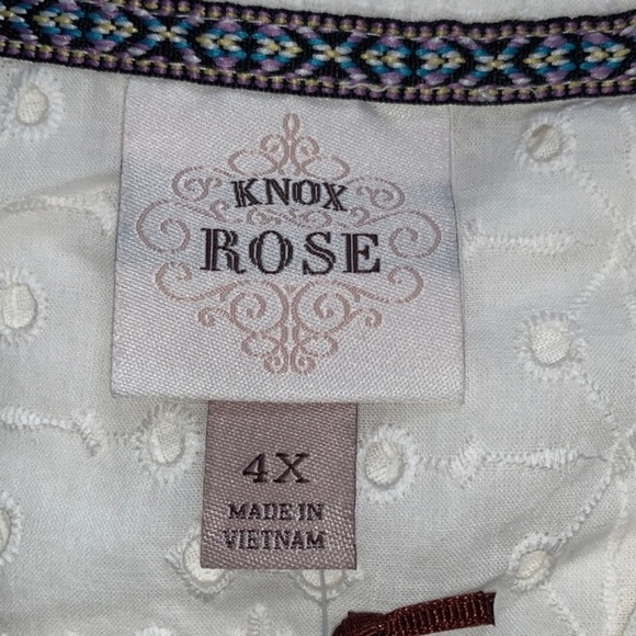 Knox Rose Plus Size Eyelet Textured Button Down Short Sleeve Blouse- White - Picture 7 of 13